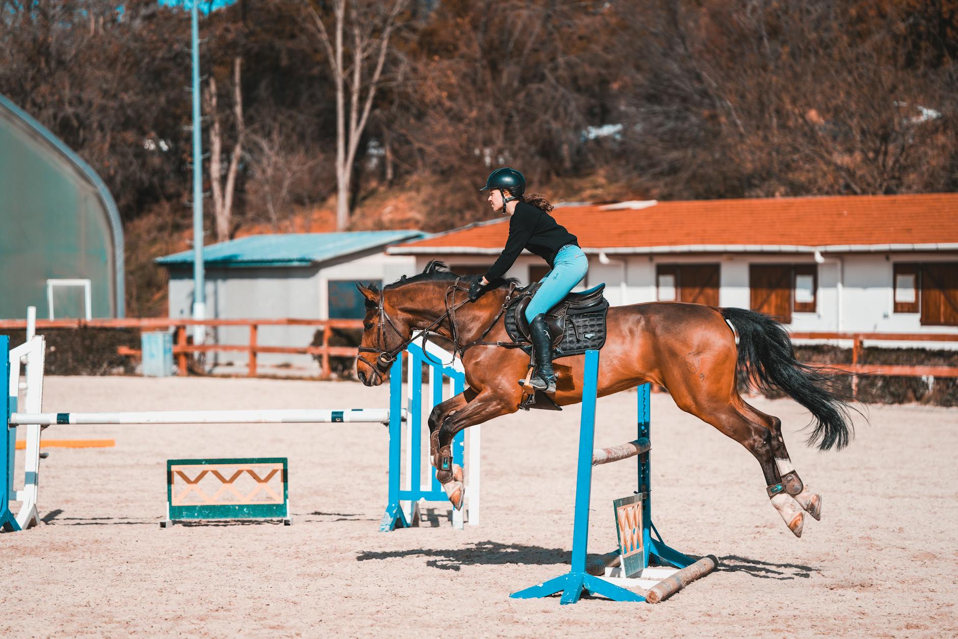 Amazonka skacze przez przeszkodę na parkurze w słonecznej ujeżdżalni