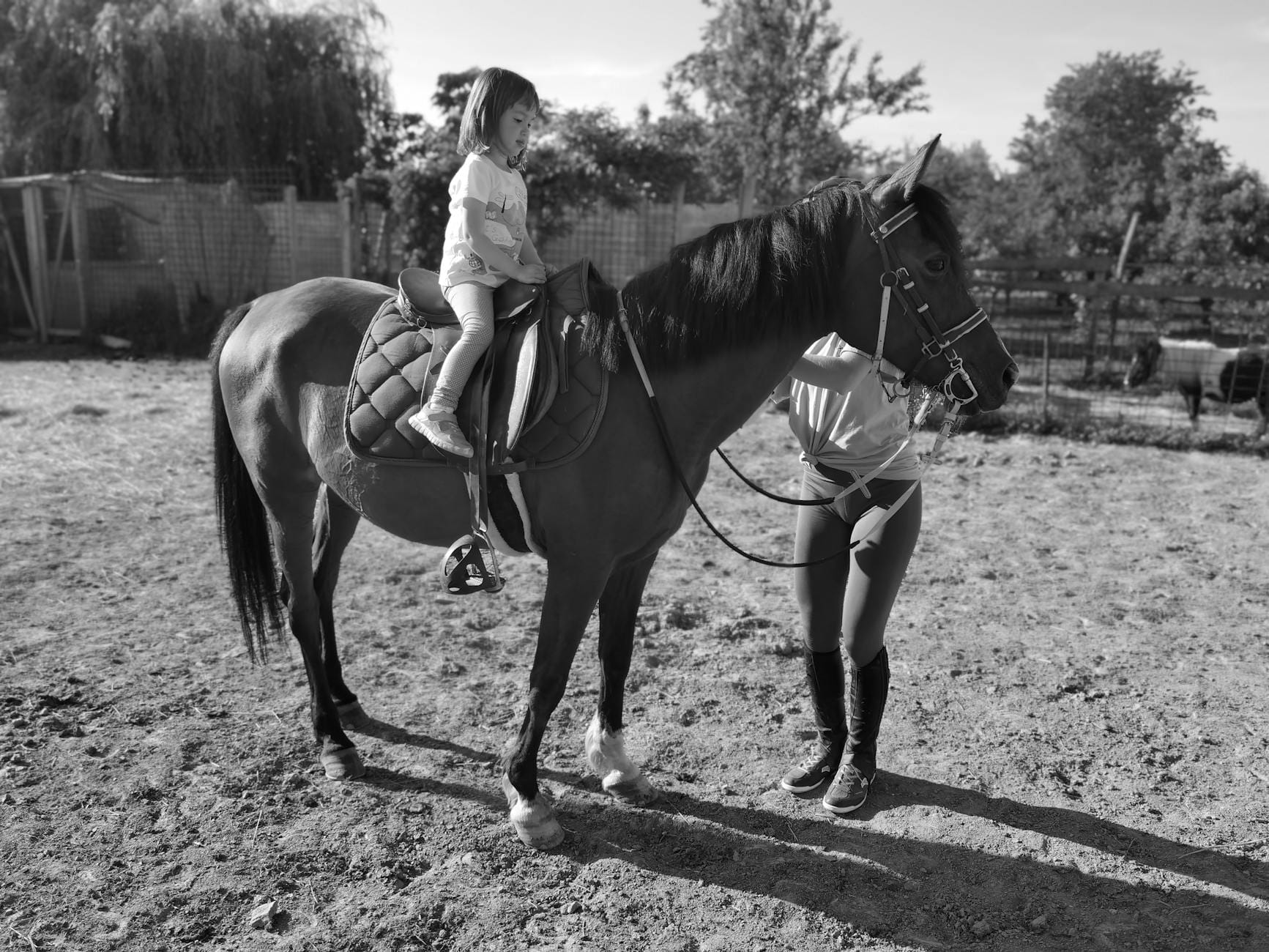 Dziewczynka na koniu prowadzonym przez kobietę na wiejskim podwórku