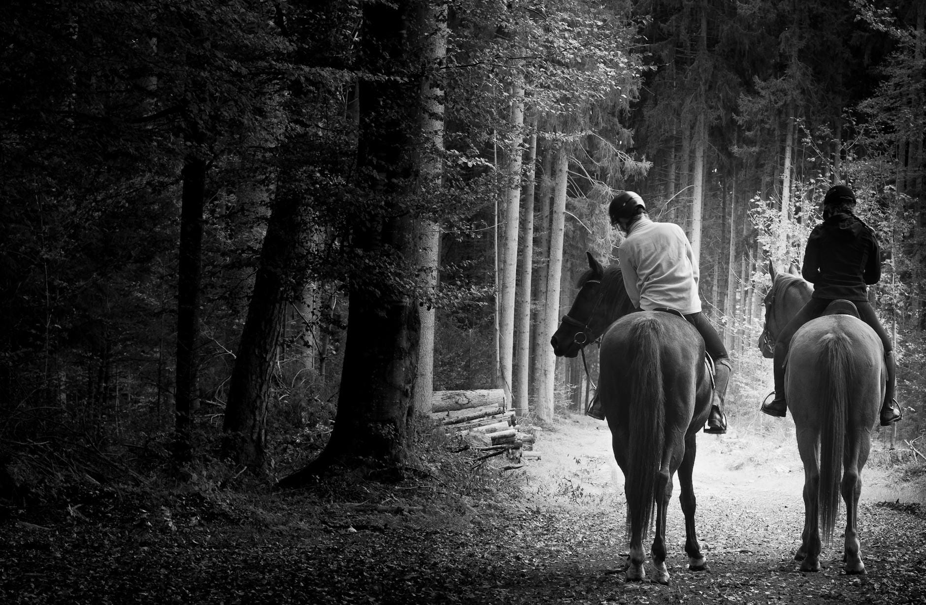 Dwie osoby jadą konno leśną ścieżką podczas terenowej wycieczki