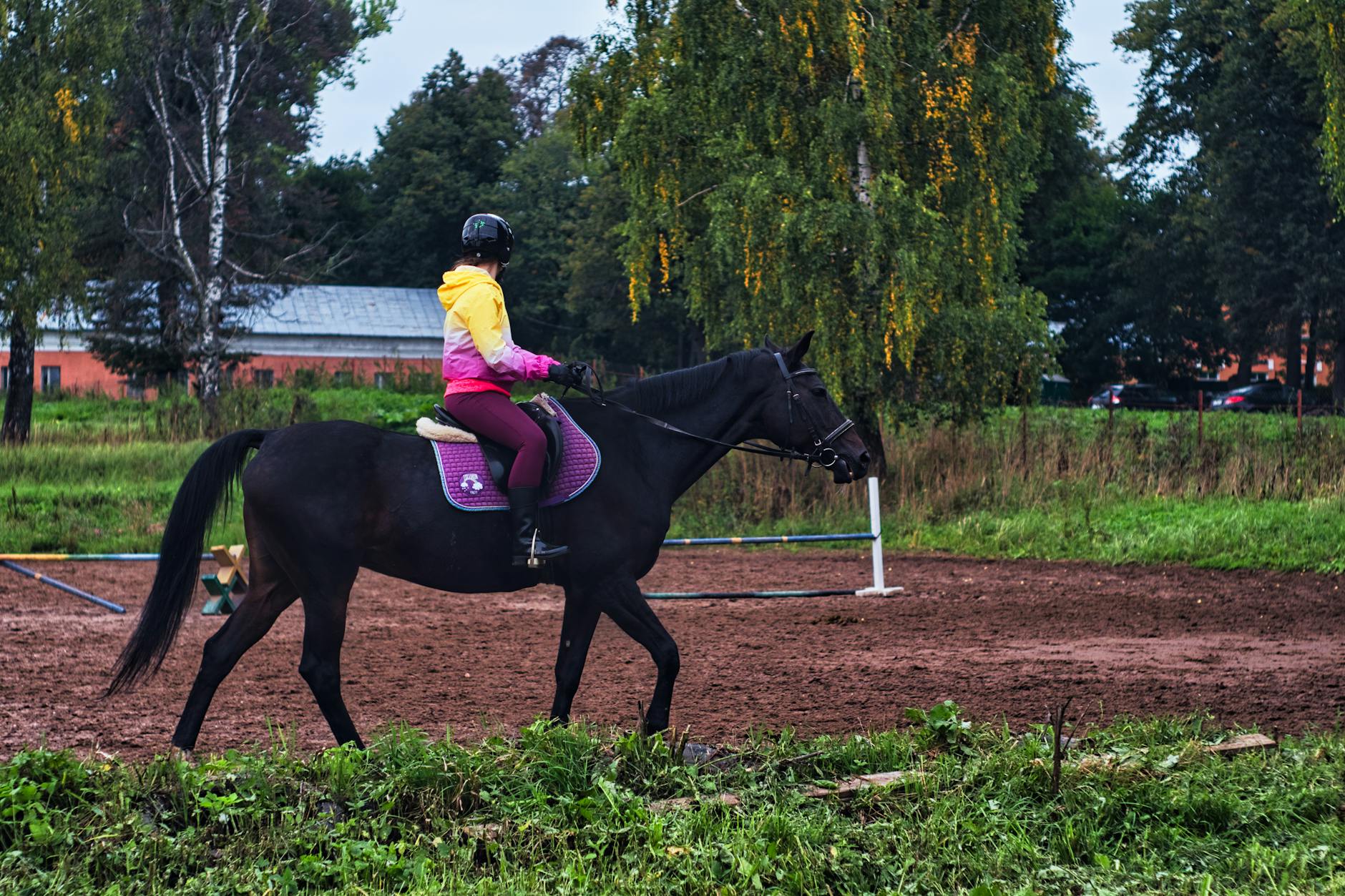 Dziecko na kolorowo ubranym koniu jedzie w leśnym placu do jazdy