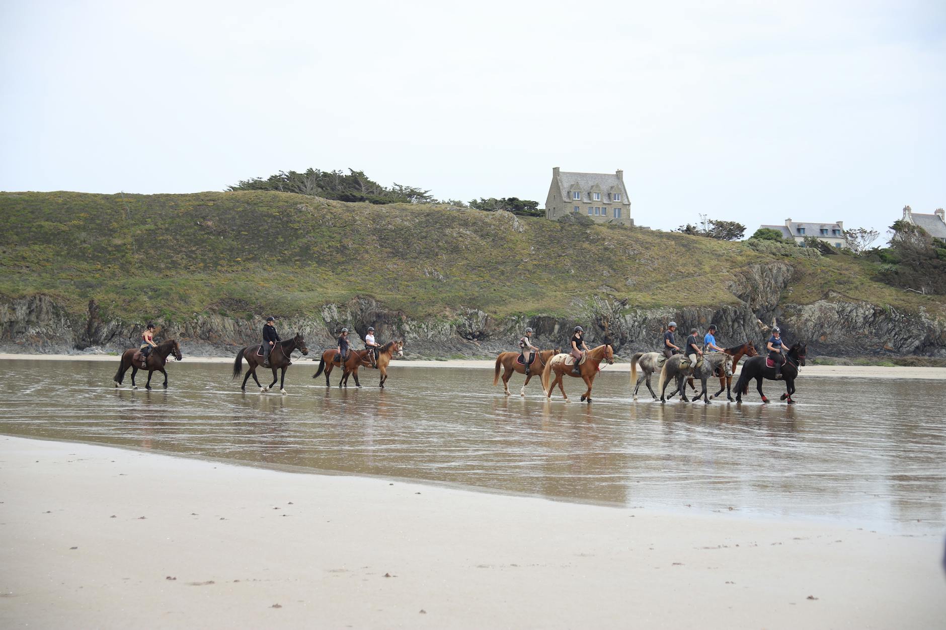 Grupa jeźdźców konnych jedzie brzegiem morza po plaży w Bretanii